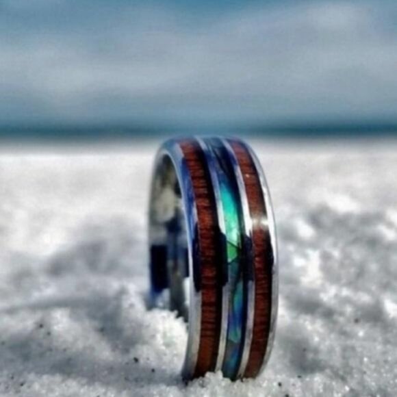 UNISEX TUNGSTEN HAWAIIAN KOA WOOD ABALONE RING - Picture 4 of 7
